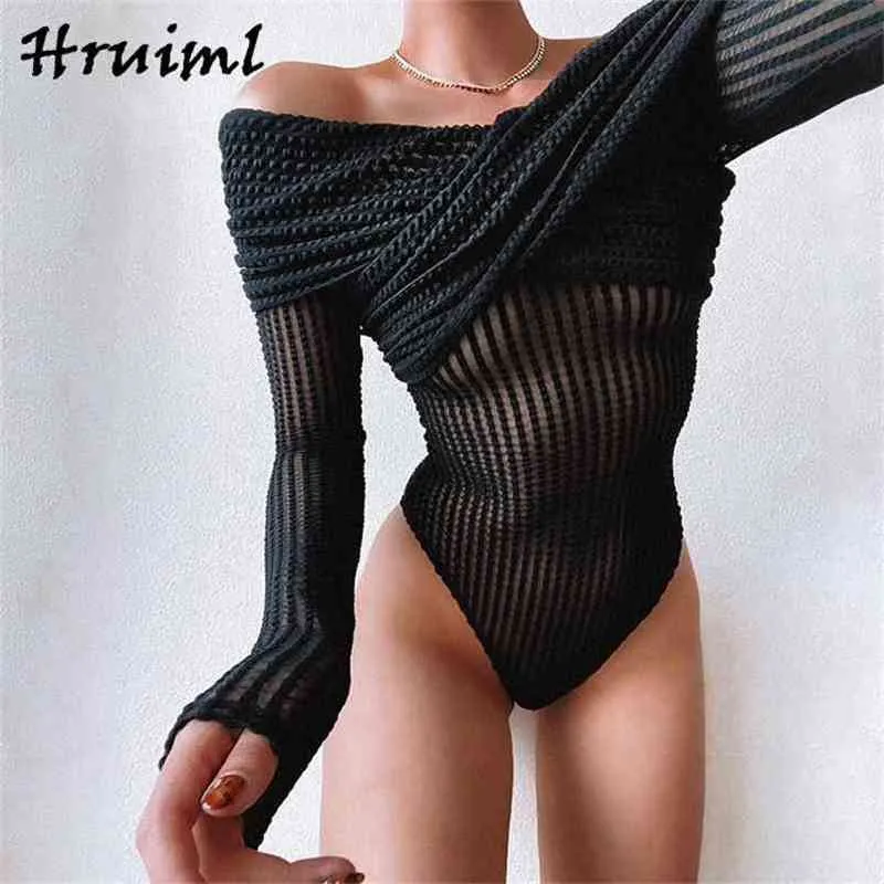 Bodysuits Durchsichtiges Mesh One Word Collar Langarm-Overall Frauen Skinny Sexy Night Club Fashion Body Suits für 210513