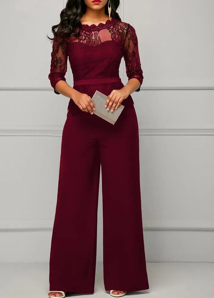 Kvinnors Jumpsuits Rompers Wide Leg Casual Overaller Sexiga Kvinnor O-Neck Solid Lace Elegant Straight Party Jumpsuit Loose