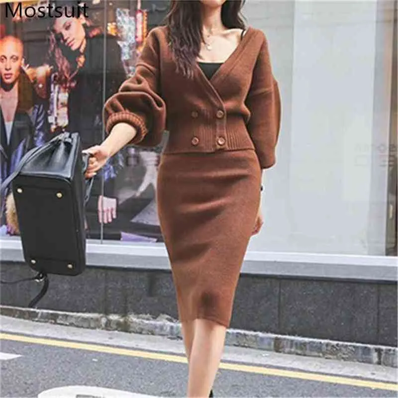 韓国のニット2個セット衣装女性ダブルブレストセーター+ペンシルスカートスーツエレガントなセクシーなファッション女性マッチング210513