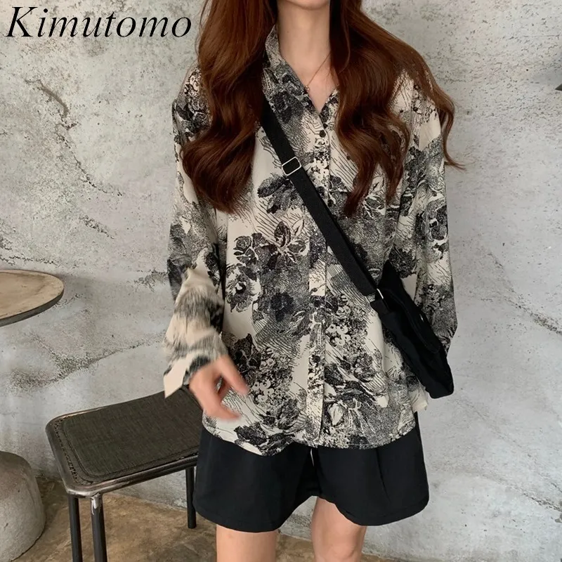 Kimutomo Femmes Imprimer Chemisier Printemps Automne Corée Chic Lâche Femelle Col Rabattu À Manches Longues Tops Streetwear Casual 210521