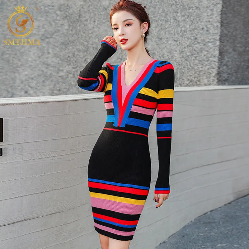 Koreanische Chic Frauen Elegante Sexy V-ausschnitt Strick Kleider Winter Bodycon Candy Farbe Streifen Schlank Vestido Da Festa 210520