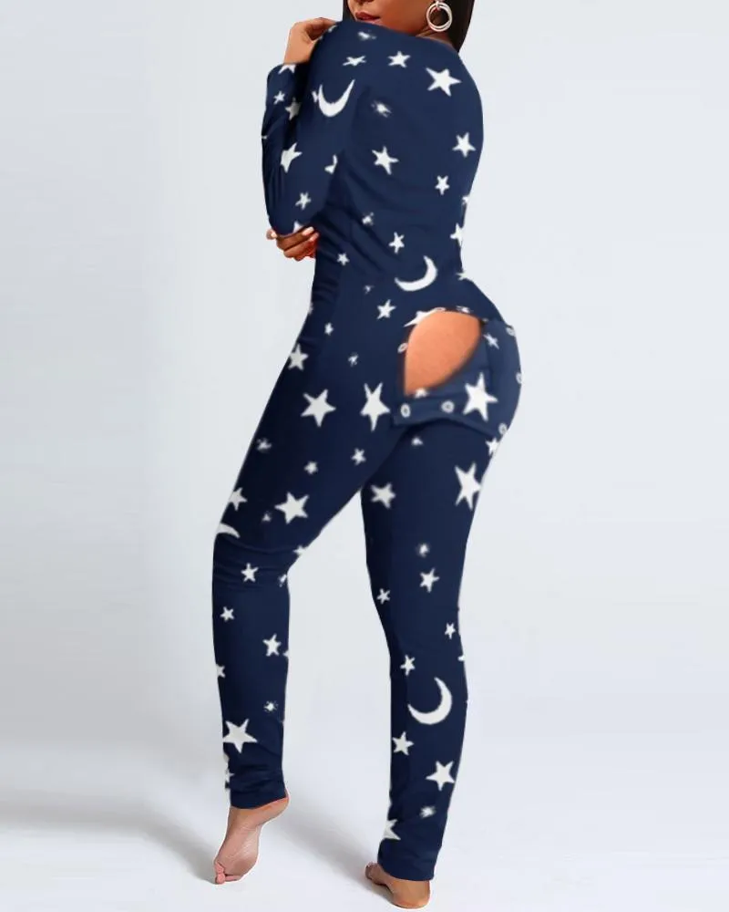 Kvinnor sexig funktionell knäppta flapmånstjärna tryckta vuxna pyjamas kostym One Piece Sleepwear Avtagbara Jumpsuits 2 stilar 210415