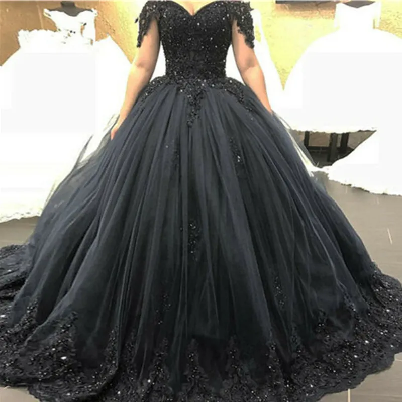 Off-Shoulder Gothic Black Lace Quinceanera Black Dress for Wedding with Beaded Princess Tulle Ball Gown - Plus Size Prom Party G