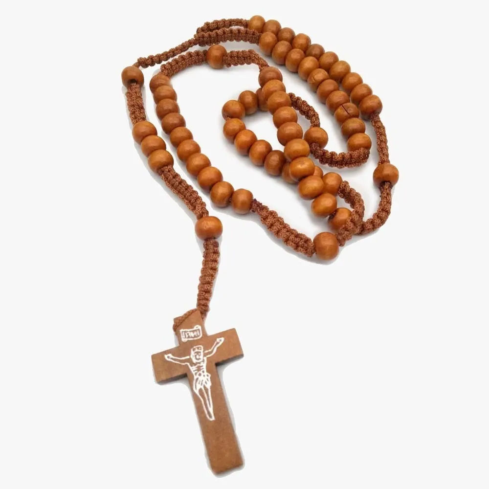 Collar de Rosario Católino Cuentas de Madera Collar de Cruz Artesanal Joyería religiosa