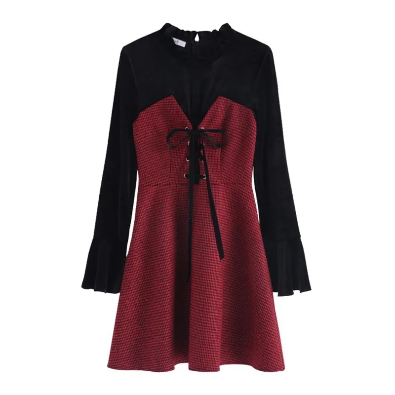 Mini vestido de manga larga acampanado con cuello levantado con cordones de retazos de terciopelo rojo vino negro otoño primavera elegante D1028 210514