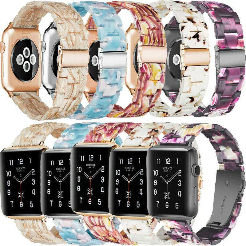 Luxus Schildkröte Shell Harz Sport Band Strap Armband für Apple Watch Serie 2 3 4 5 6 7 SE Edelstahlschnalle Armband Iwatch 42mm / 44mm / 45mm