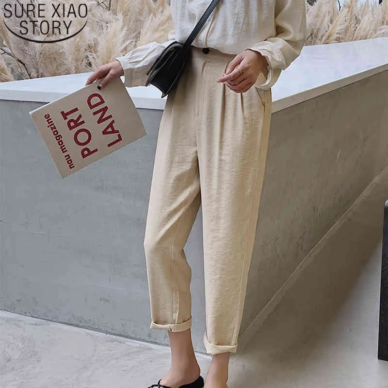 Fashion High Waist White Harem Summer Women Solid Casual Cotton and Linen Ladies Loose Trousers Pants 9758 210417