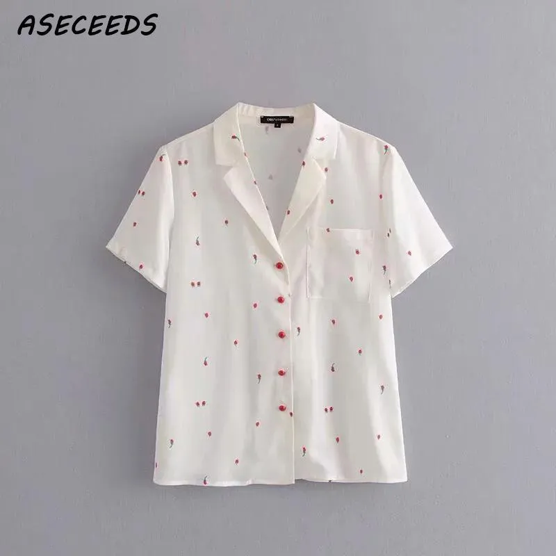 Summer Kawaii Strawberry Print Elegant White Blouse Women Shirts 2021 Korean Clothes Female Casual Short Sleeve Tops Blusa Women's Blouses &