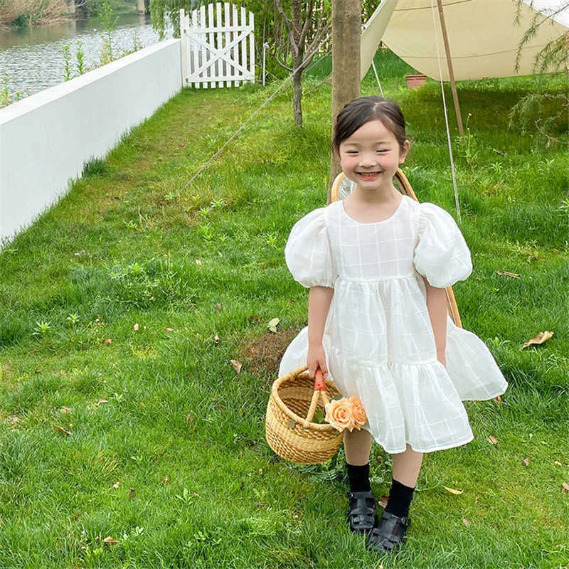 Koreaanse stijl zomer meisjes gaas bladerdeeg mouw prinses jurk kinderen mode casual verjaardagsfeestje jurken 210615