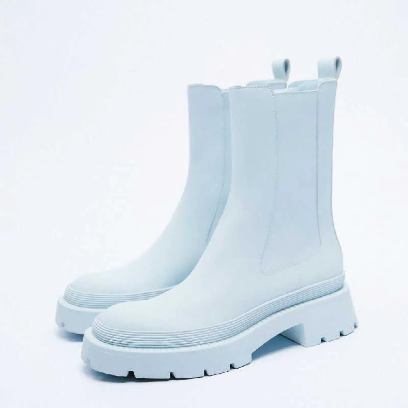 ZA espessura de sola Chelsea Botas curtas para mulheres outono e inverno moda Mid-bezerro luz azul martin botas 210911