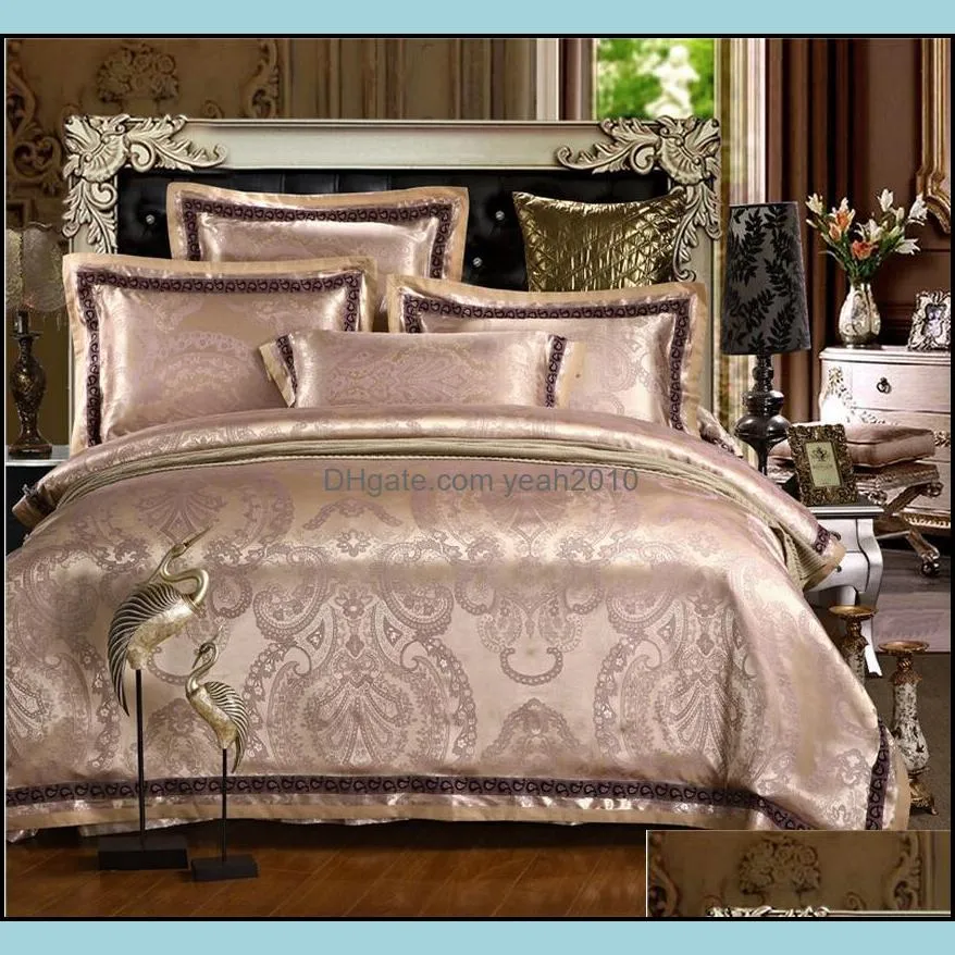 Jacquard Silk bedding set 4pcs Embroidered Satin doona duvet cover queen king size bed linen bedclothes cotton