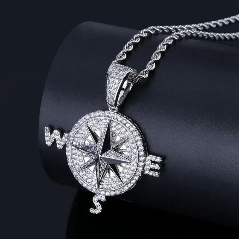 Chains Vinregem Hip Hop Rock 925 Sterling Silver Compass Shape Created Moissanite Gemstone Party Pendant Necklace Fine Jewelry Gif250T