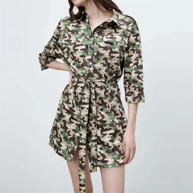 Frauen Sommer Camouflage Mini Shirts Kleid 3/4 Ärmel Schärpen Fliege Weibliche Elegante Mode Straße Kleider Vestidos 210513