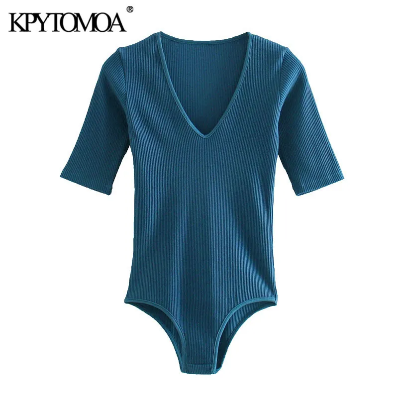 Kvinnor Mode Snap-Button Bodysuits Vintage V Neck Kortärmad Kvinna Playsuits Chic Toppar 210416