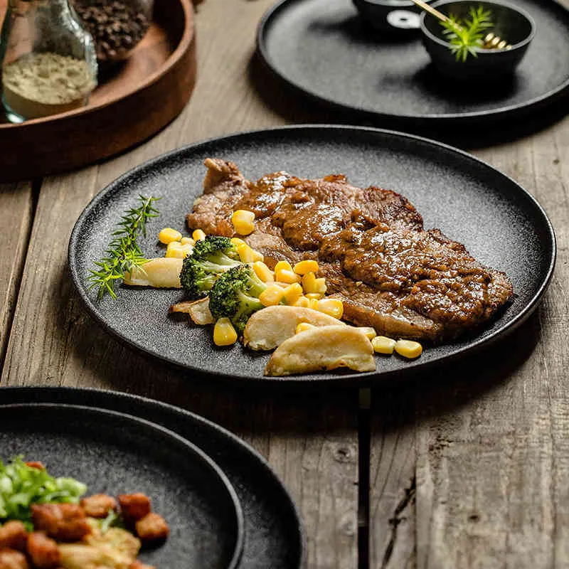 Plato de cerámica, platos negros para el hogar, juego de vajilla de estilo  japonés, decoración de cocina, platos de desayuno de comida occidental para