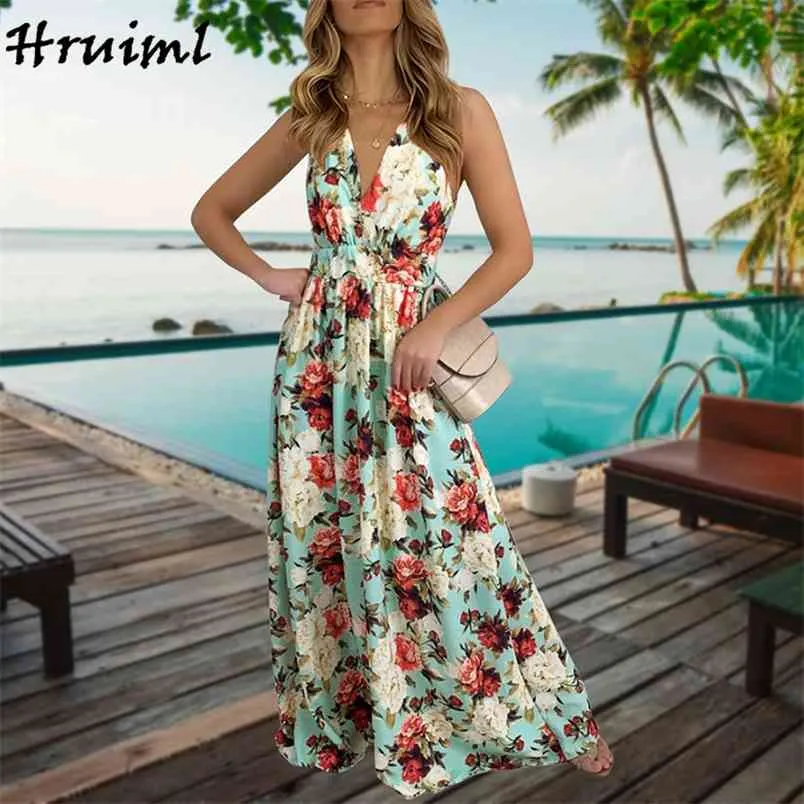 Flower Woman Dress Sleeveless Deep V Neck Sexy Boho High Waist Big Swing Beach Holiday Casual Party Long es for Women 210513