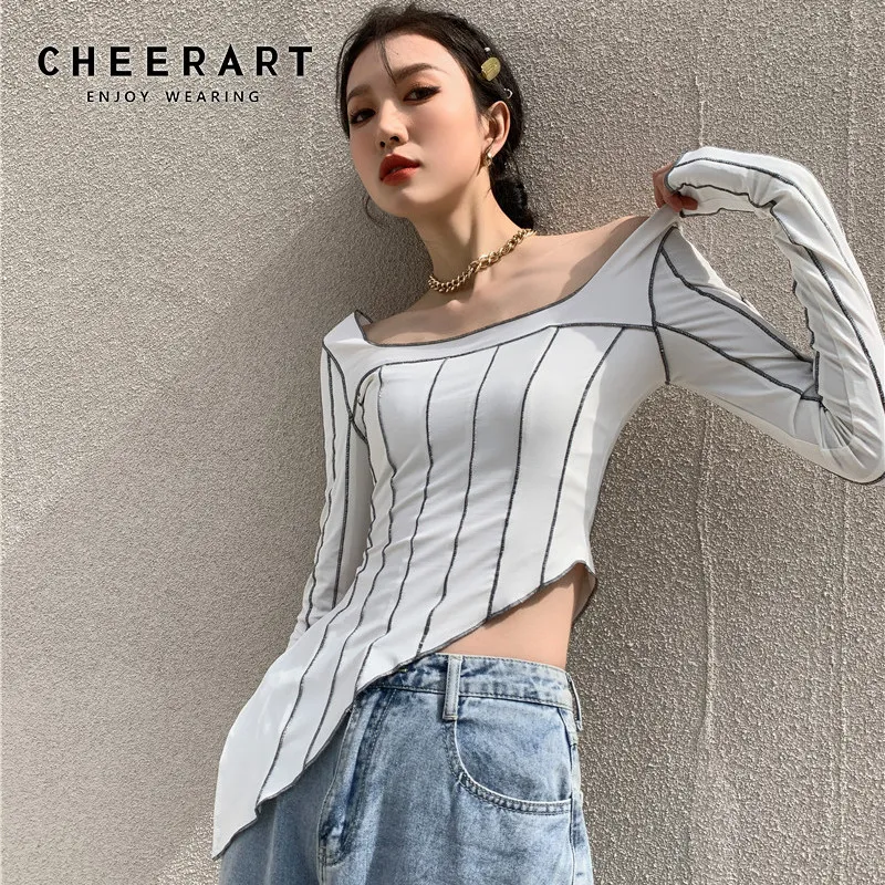 Fashion T Shirt Women Contrast Stitch Tshirt Casual Long Sleeve Asymmetrical Top Square Neck Striped Designer 210427