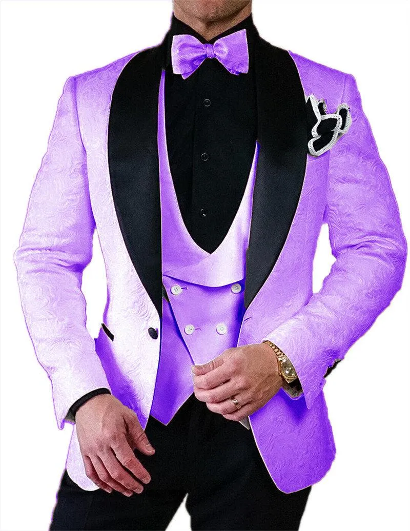 Chegada Padrinhos Lilás E Preto Noivo Smoking Xale Lapela Homens Ternos Casamento Homem (Jaqueta+Colete+Calça+Gravata) Z187 Blazers Masculinos