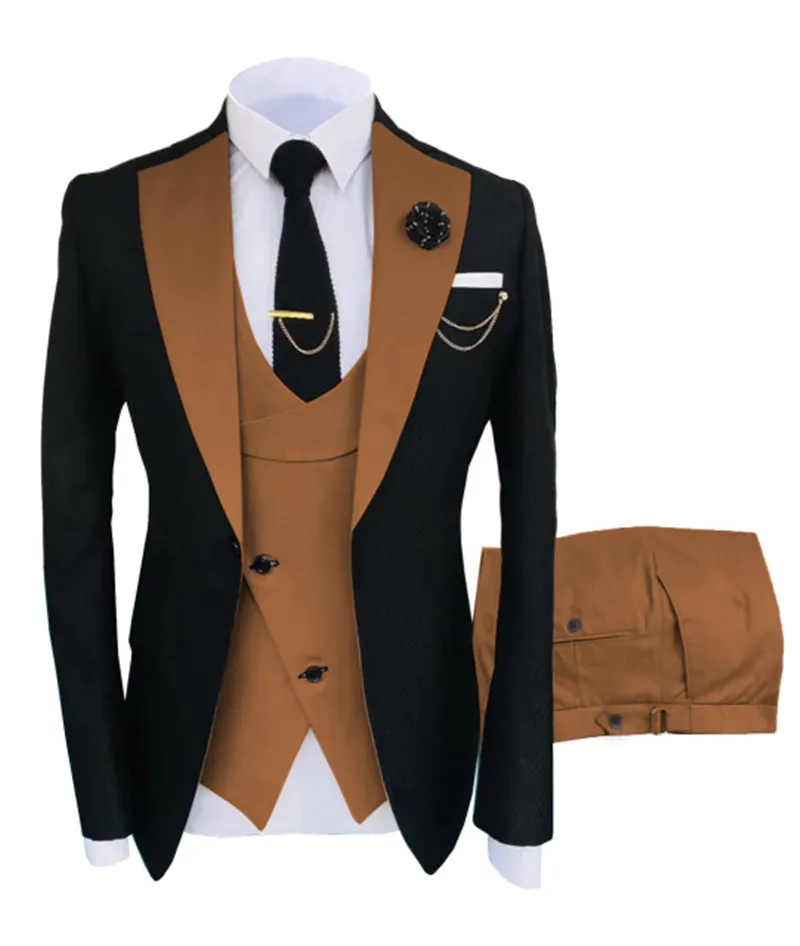 Traje Slim Fit Hombres Trajes de los hombres TUXEDOS DE NEGOCIOS DE NEGOCIOS GROOM FORMAL DESGANTE NEGRO Y MARRÓN HOMBRE BLAZER JABAZA DE BLAZER PANTE PANTE 3 PIEZAS Cena de la tarde vestidos de fiesta