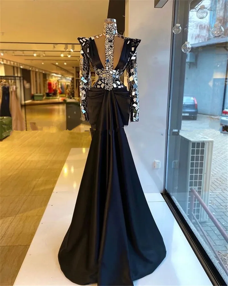 Dubai Black High Neck Crystal Aftonklänningar 2021 Långärmad Afrikansk Satin Plus Size Mermaid Formell Prom Party Gowns Robe de Soiree