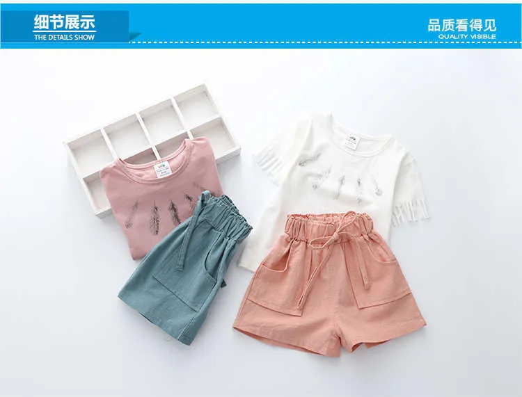 Girls Clothing Set Summer 3-10 Years Old Kids Girl Solid Color Cut Sleeve T Shirt+Shorts Drawstring 2 Piece Tracksuit Set (15)