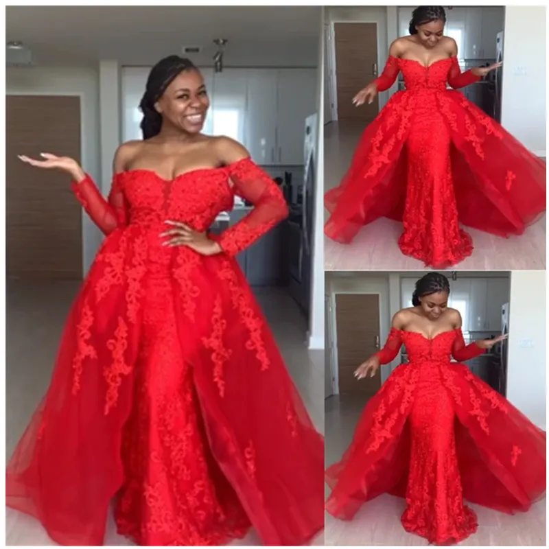 Eleganckie koronkowe aplikacje sukienki wieczorowe z długim rękawem Overskirt Overskirt Formalna Dress Red Tulle Długie Suknie Prom