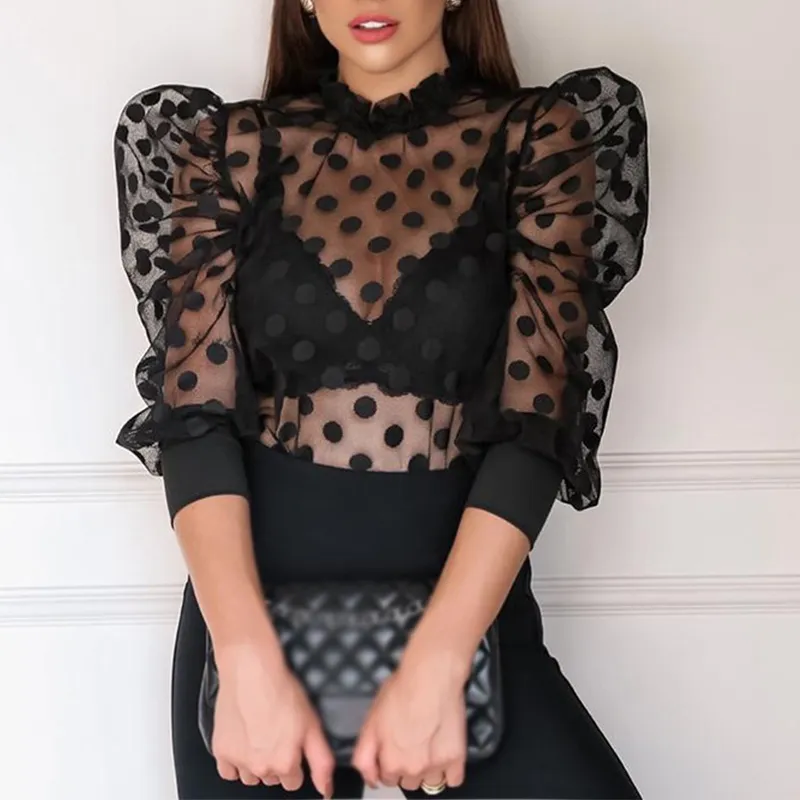 Women Mesh Sheer Blouse See-through Lantern Long Sleeve Shirt Fashion Polka Dot Transparent White Shirt Female Blusa 210514