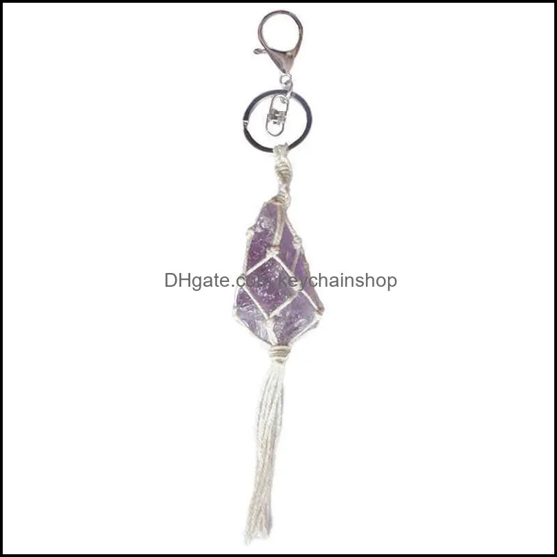 1pcs Irregular Natural Stone Pendant Keychain Handmade Rope WrapTassel Key Ring For Women Men Jewelry Gifts G1019