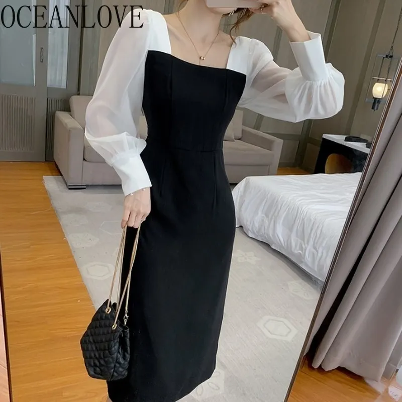 Chic Korean Patchwork Office Lady Long simple Black dress - Elegant Black and White Square Neck for Women (Style #18684)