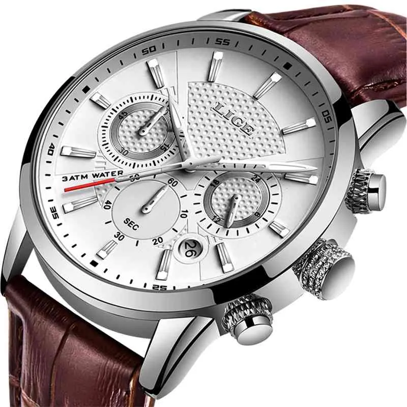Мужские часы Lige Top Brand Кожаный хронограф Водонепроницаемый Спорт Автоматическая дата Кварцевые Часы для мужчин Relogio Masculino 210517
