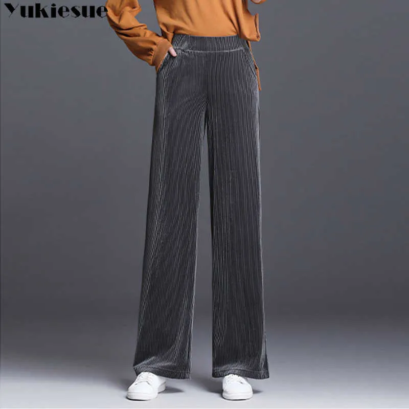 Corduroy Streetwear Höst Striped Kvinnors Byxor Kvinnor Högt Midja Bredt Ben Capris För Kvinnor Byxor Kvinna Plus Storlek 210608