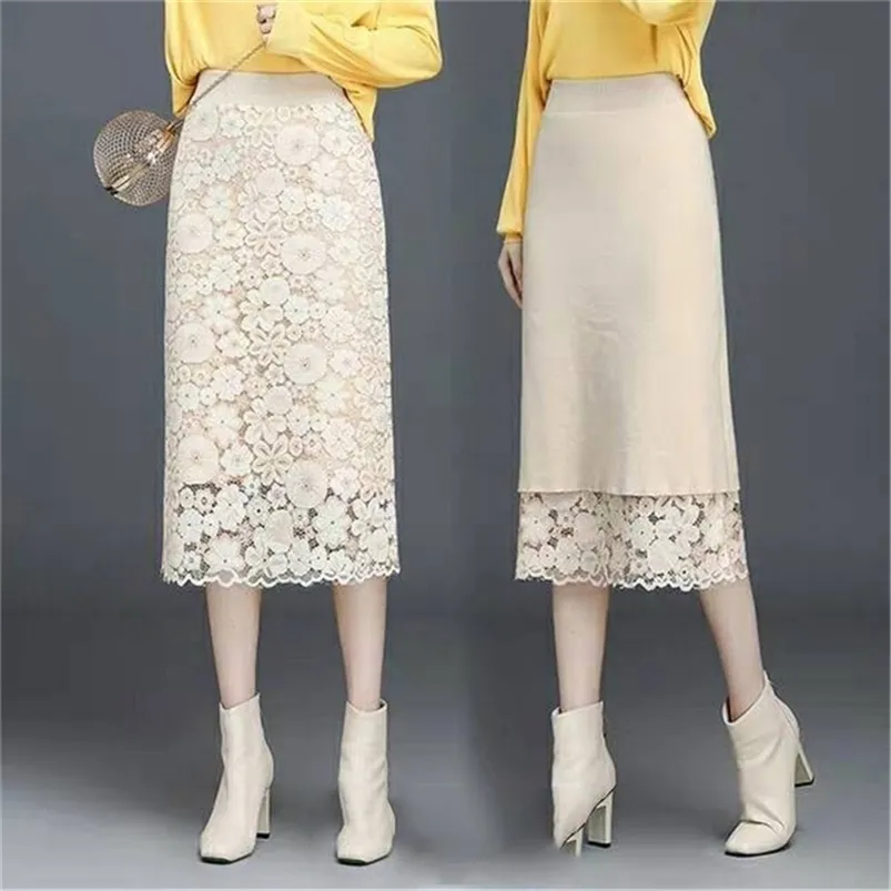 Office Ladies Elastic Waist Pencil Skirt Women Casual Warm Winter Long Knit skirt Female Fashion Lace Vintage Plus Size 210421