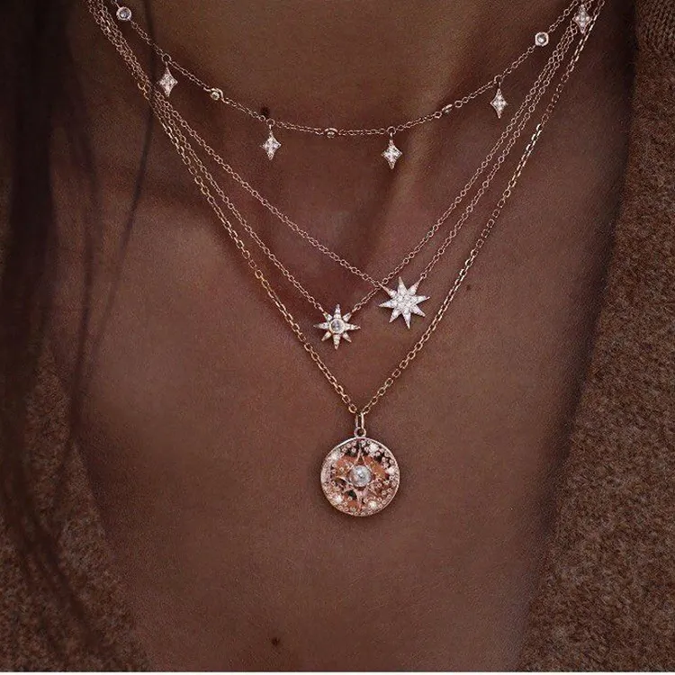 7-bitars guldpläterade skikthalsband för kvinnor och tjejer Sexiga Long Star Coin Rose Pendant Halsband Set