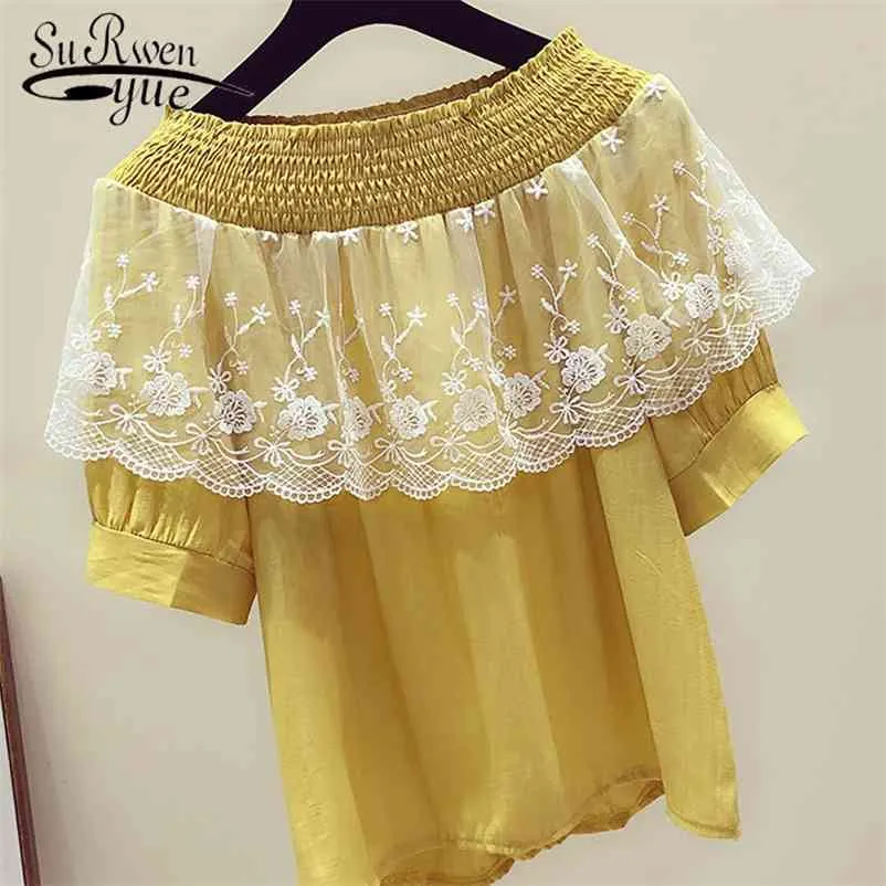 summer the small fresh one leading shoulder womens clothing women top shirts Lace stitching Lady sweet solid shirt 3514 50 210521