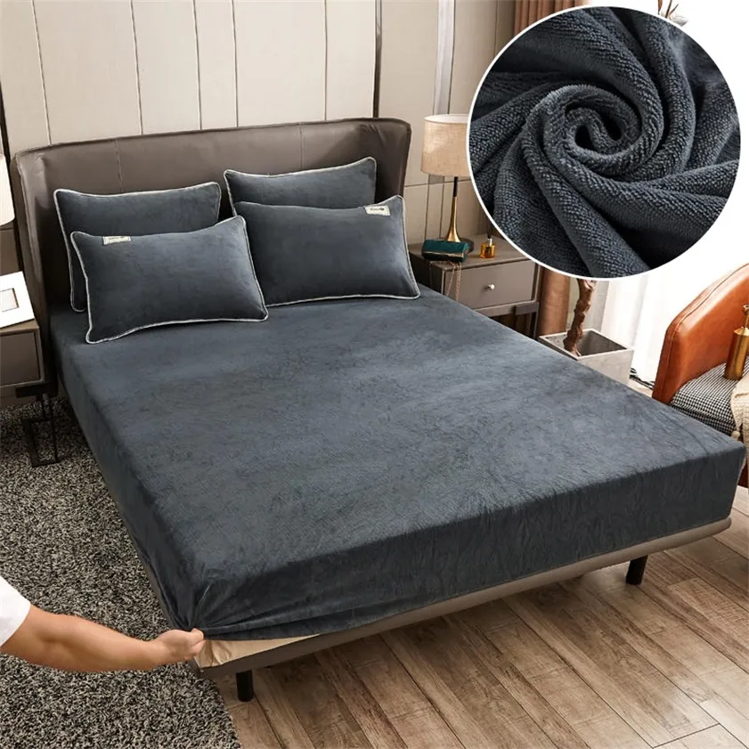 Drap-housse élastique en peluche d'hiver pour lit Double, couverture de matelas en velours doux et chaud, protection en lin 90 150 180 220217