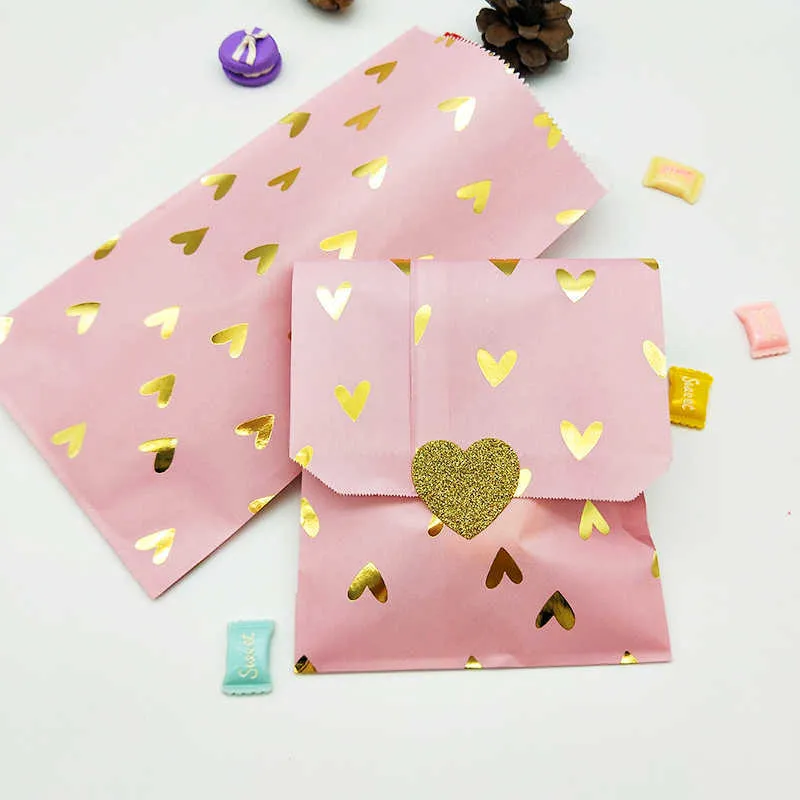 100pcs Sacchetti di carta rosa con cuori in lamina d'oro per regali Cibo Decorazioni per feste di compleanno Bambini Caramelle Biscotti Sacchetti di carta Adesivi 210724