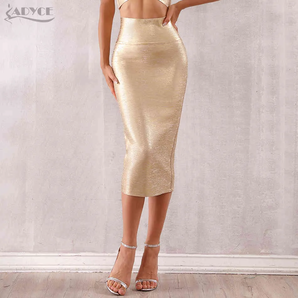 Summer Women Bandage Skirts Sexy Celebrity Runway Party Mid-Calf Gold Female Bodycon Club Pencil 210423