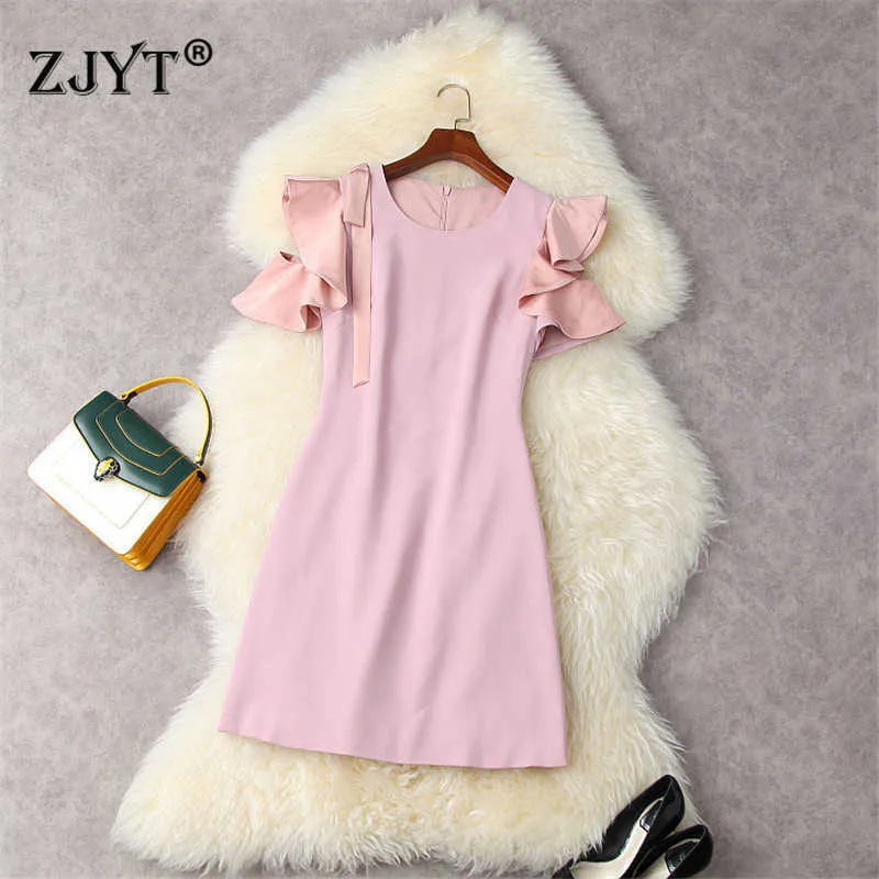 エレガントな女性の夏の服装ファッションデザイナーの蝶の袖の固体甘いピンクのドレスのための甘いピンクのドレス