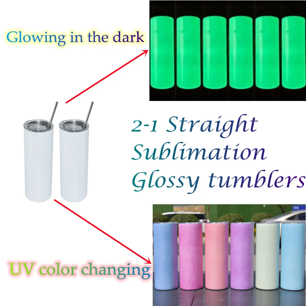 20oz sublimatie rechte tuimelaars UV-kleur veranderende gloeiende in donkere 2-in-1 glossy tumbler roestvrij staal DIY lege cups water dubbele muur geïsoleerde reisfles