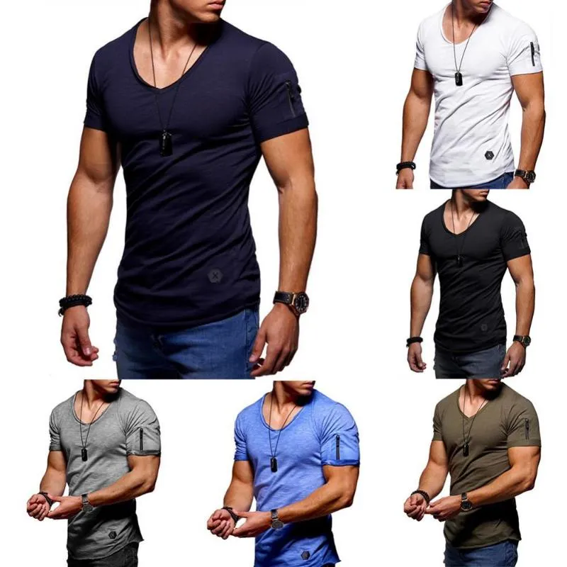 Men's T-Shirts Summer T-shirt Plus Size Solid Color Zipper Short Sleeve V Neck Basic Top Fashion Large 5XL