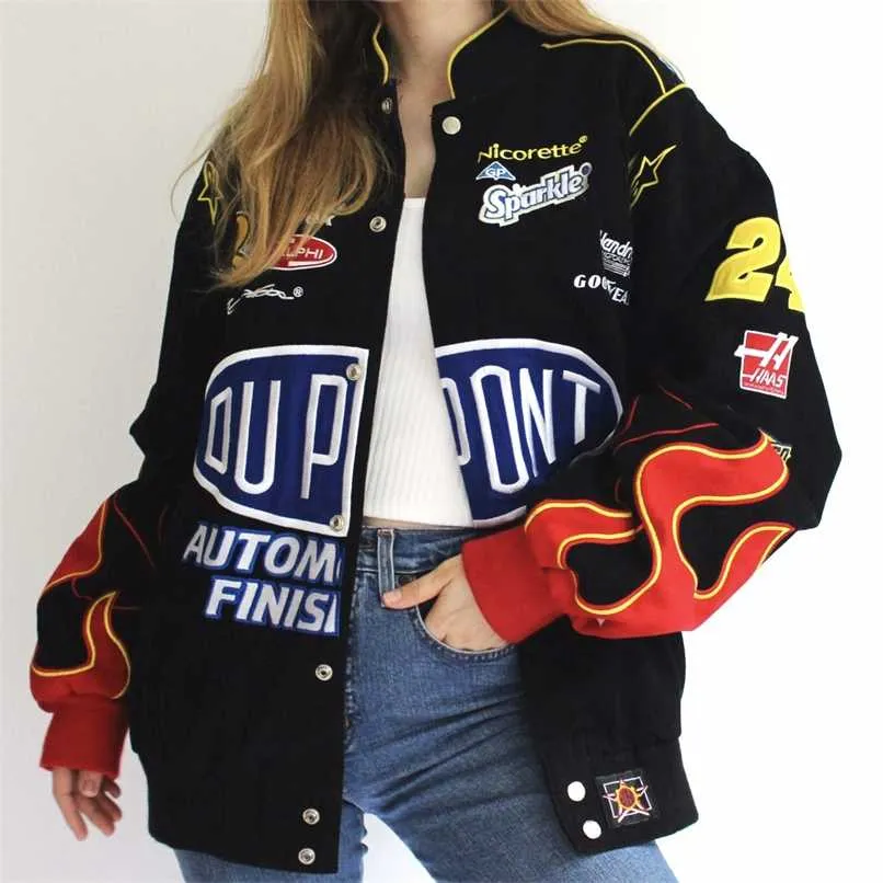 Winterkleding Vrouwen Jas Jas Rode Gedrukte Rits Lange Mouwen Racing Jas Vrouwen Vintage Sport Stijl Bomberjas Vrouwen 211109