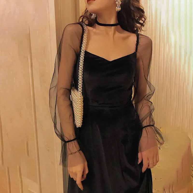 Elegant Velvet Black Long Sleeve Dress Retro Square Collar Women Midi Mesh Spring Wedding Party Clothing Ladies 210604