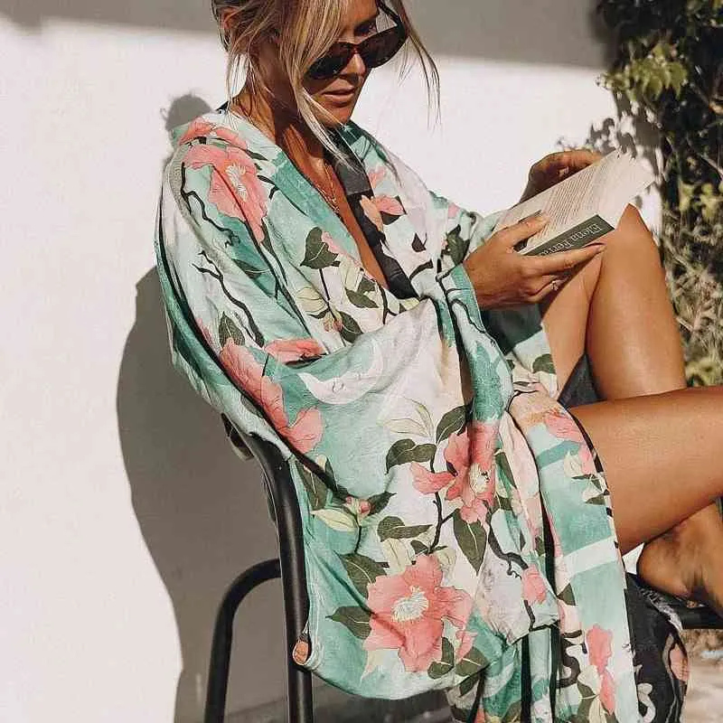 Zielony vintage retro Night Garde Print Boho Maxi Kimono koszulka Rękaw kardan bohemian długie opakowanie bluzka letnia topy plażowe 210708