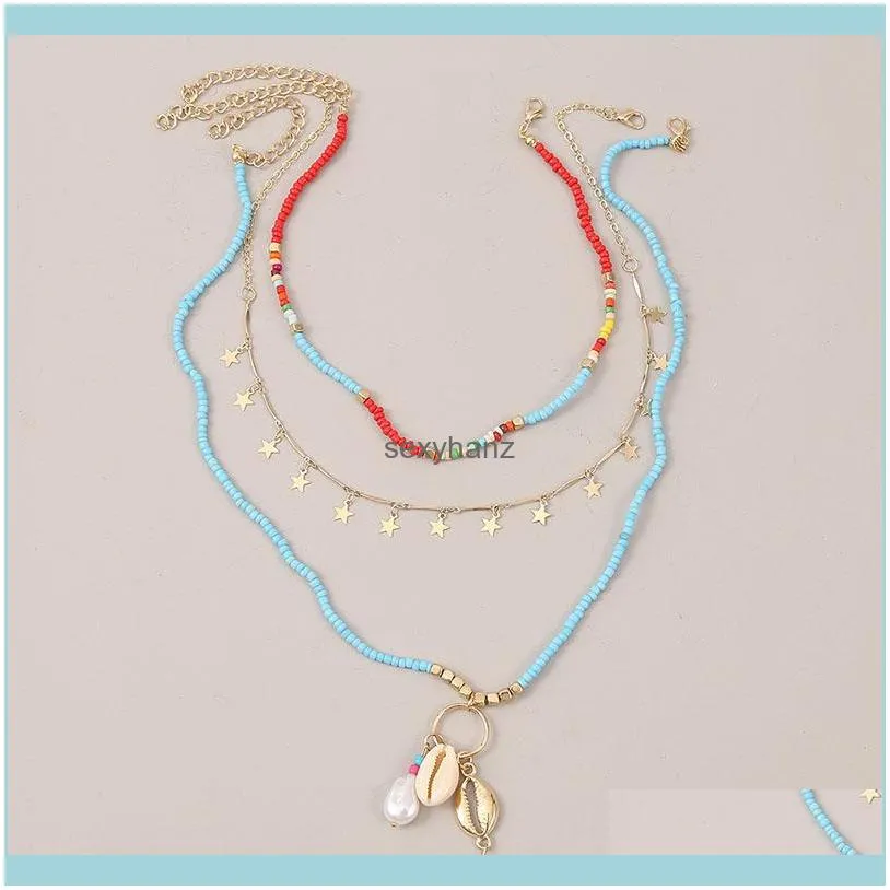 3 Pcs/Set Boho Fashion Natural Shell Star Pendant Blue Glass Beaded Long Necklaces For Women Trendy Gold Metal Chain Necklace