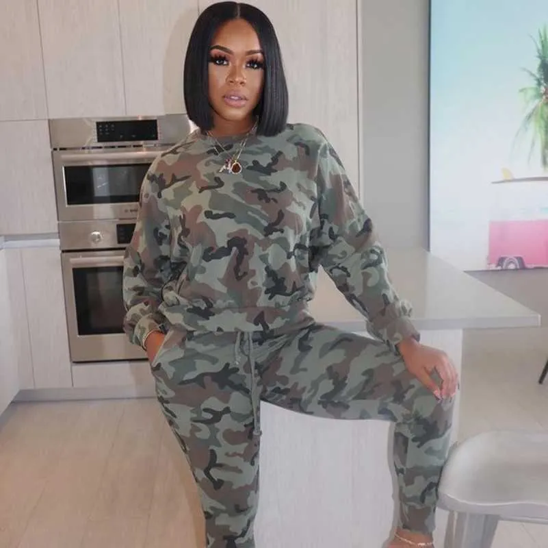 Camouflage Plus Size Casual Zweiteiliges Set für Frauen Trainingsanzug Herbst Lounge Wear Passende Sets Schweißanzüge Frauen 2 Stück Hosen Set Y0625