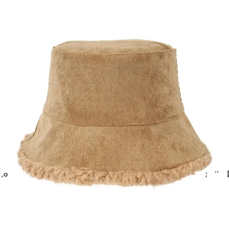 Corduroy Fisherman Hat Women Winter Bucket Hats Double-sided with Lamb Basin Cap Outdoor Warm Thick Autumn Fashion Accessories RRD12082