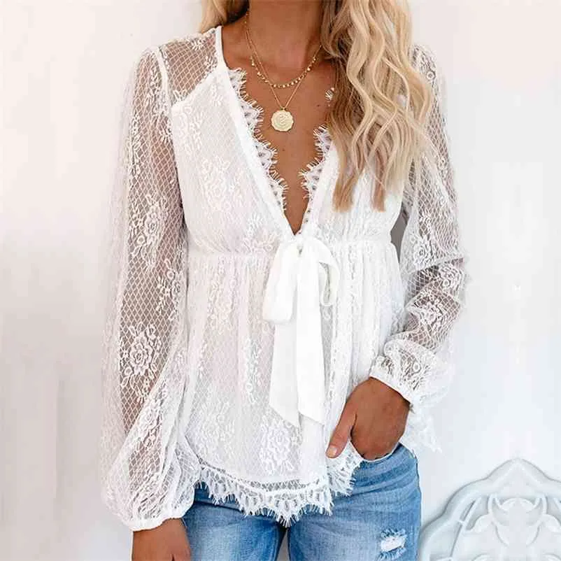 Foridol White Lace Bluzka Koszule Kobiety Jesień Zima V Neck Sheer Rękaw Bluzka Koszula Krawatnia Przednie Top Kobieta 210415