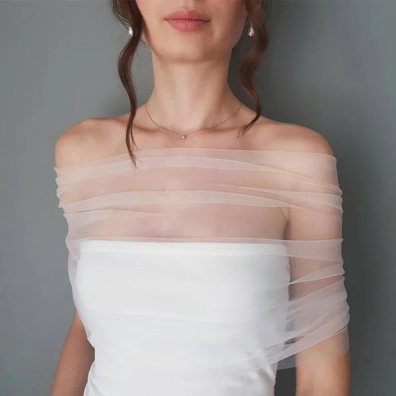 Avvolge Giacche Donna Pieghettato Tulle Sheer Wrap Wedding Bridal Off The Shoulder Stole Elegante scialle formale con bottone Avorio Customizbl