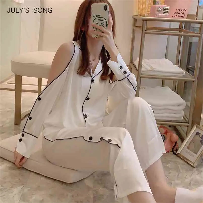 JULY'S SONG Fashion White Shirts Pants Homewear Elegant Turn-down Collar Long Sleeve Sleepwear Spring Summer Pajama 210809