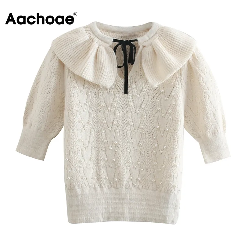 Sweet Beading Knitted Sweater Women Bow Tie Turn Down Collar Pullover Jumpers Ladies Short Sleeve Casual Tops 210413